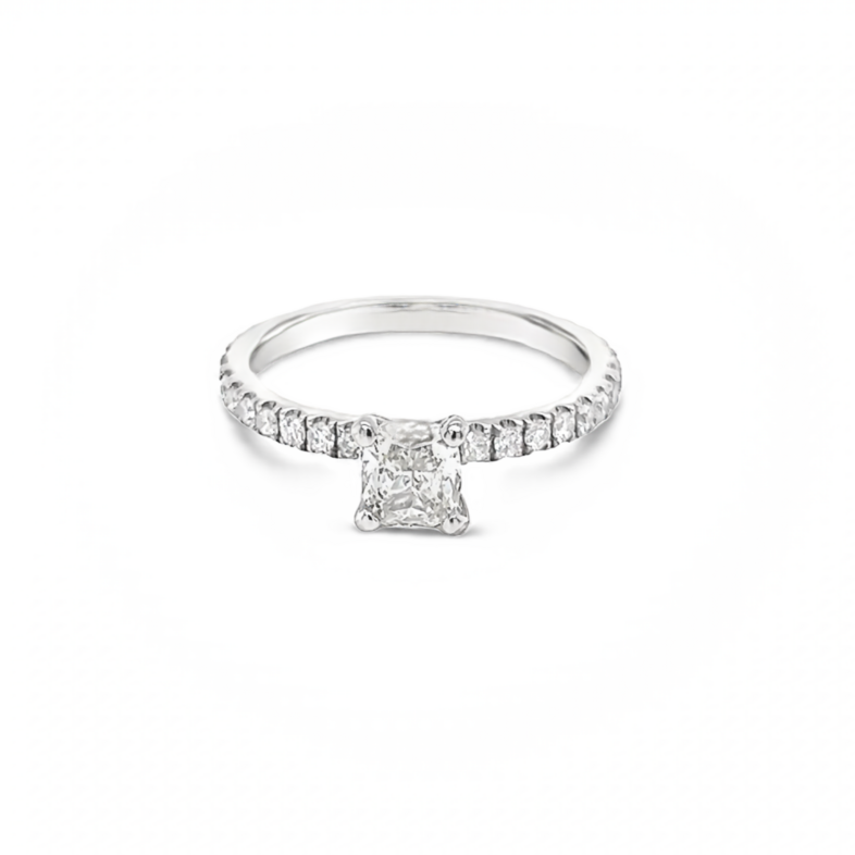 14 karat white gold engagement ring with one 0.83ct cushion L SI1 Diamond and 26=0.41total weight round brilliant G SI Diamonds. Size 6.5